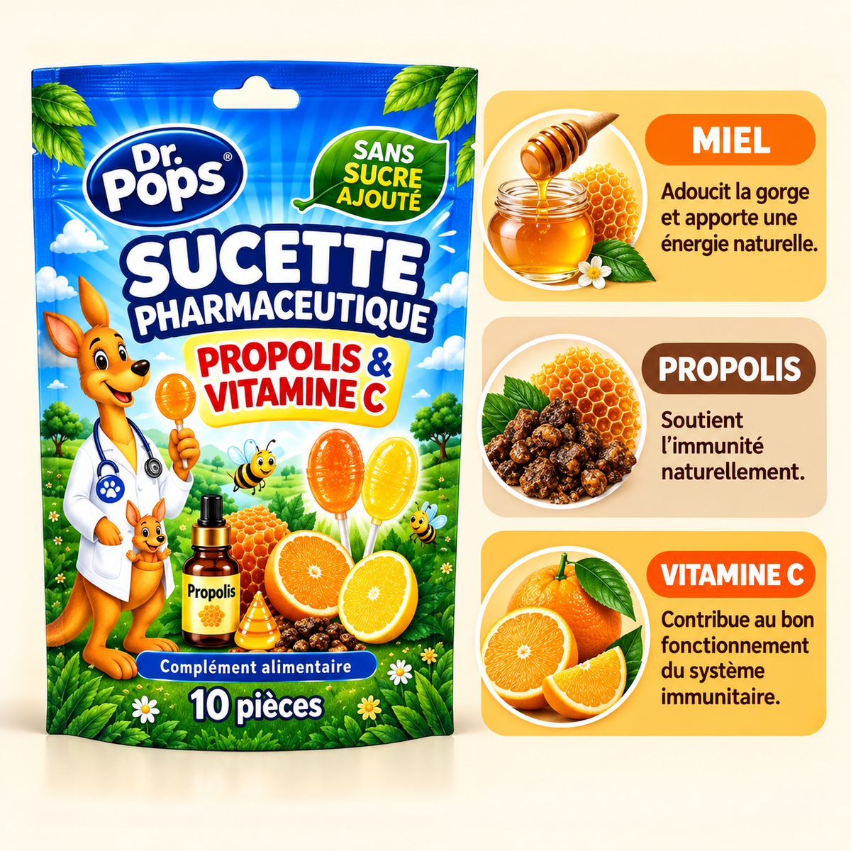 Dr. Pops™ Sucettes au Miel et à la Propolis – Sans sucres ajoutés